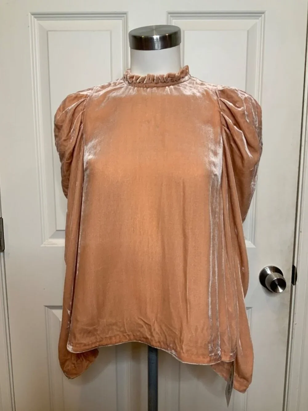 Ulla Johnson Peach Silk Velvet Puff Sleeve Ruffle Giles Blouse, Size 0
